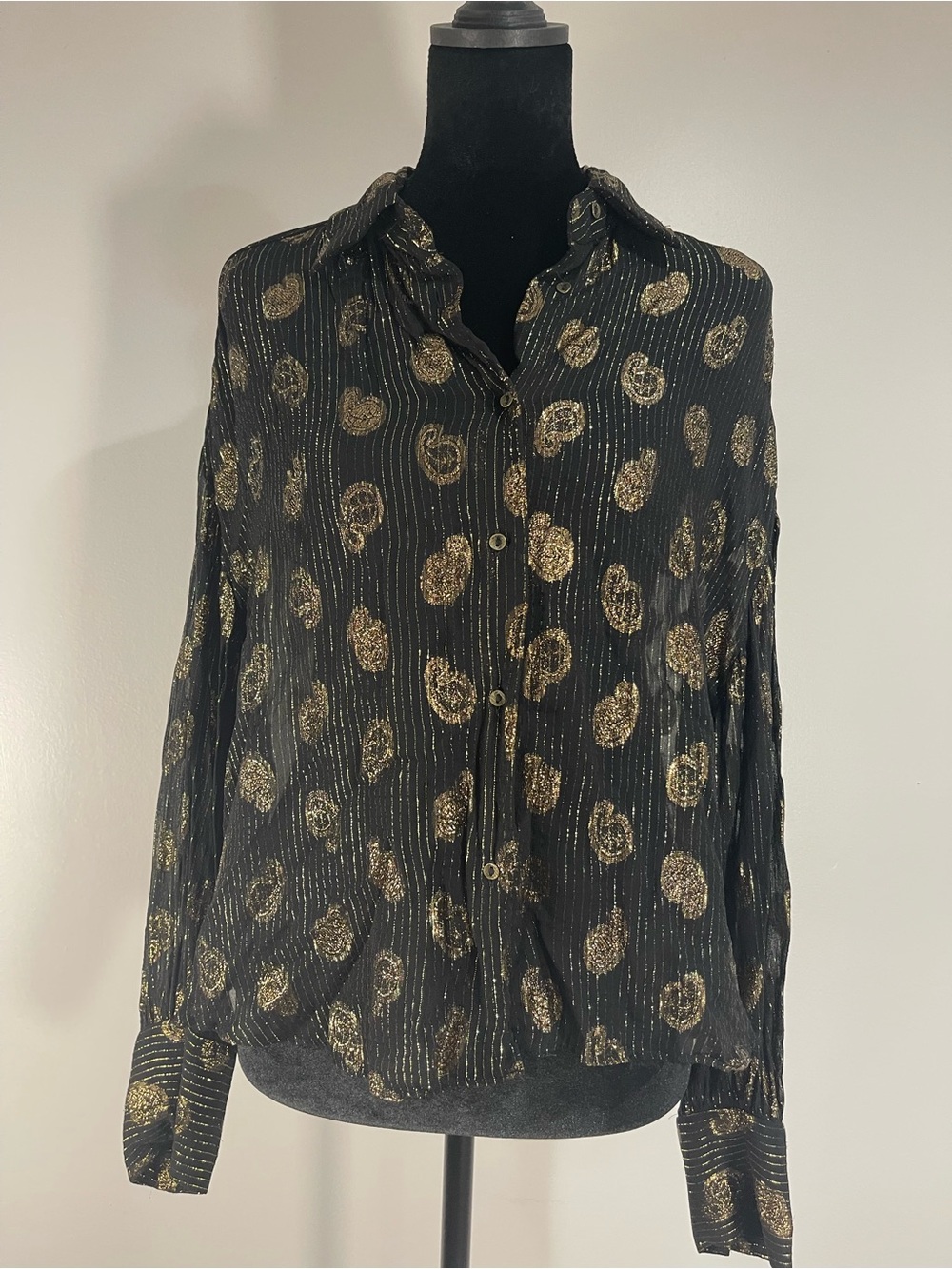 Zara Jacquard Metallic Black Button-Down Shirt Sheer Blouse Sz. L
